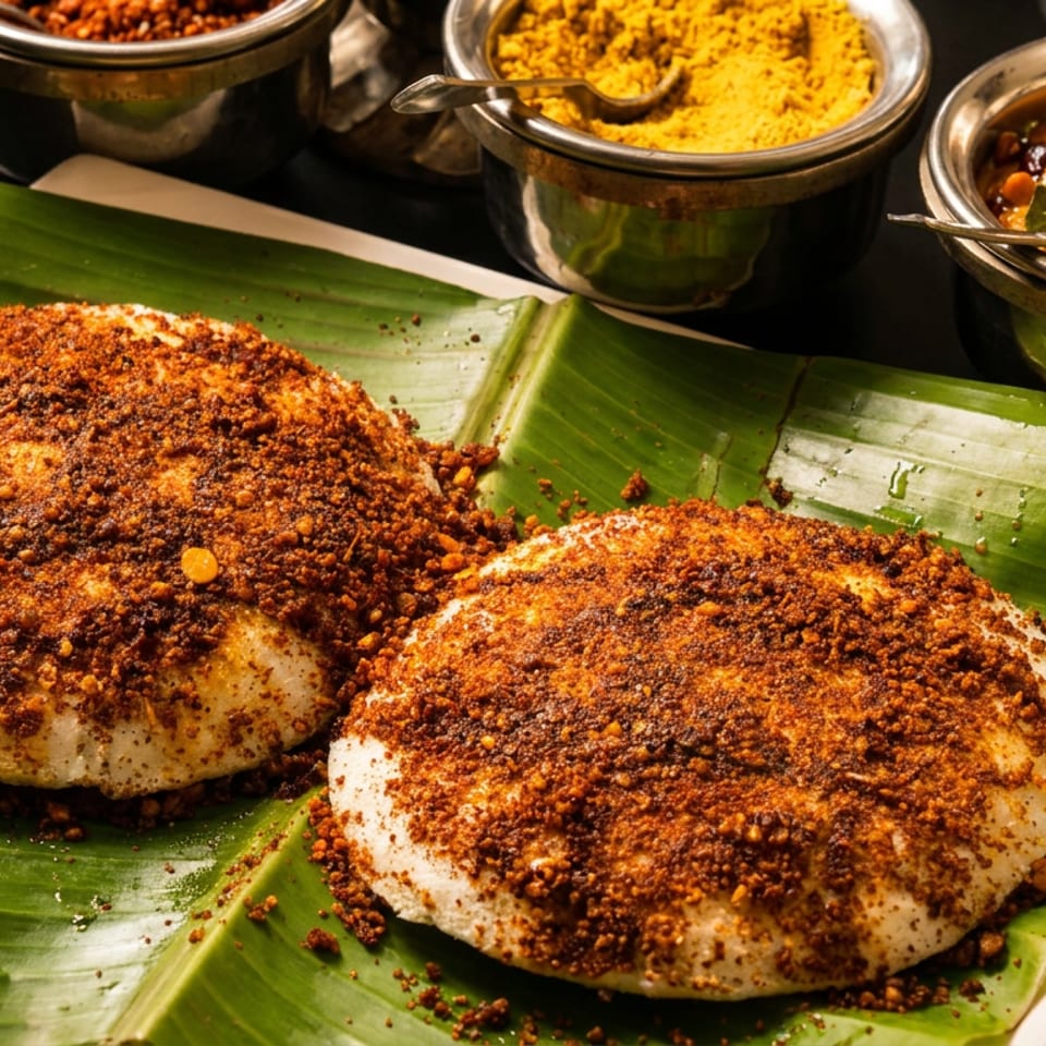 Two spice-dusted idlis on banana leaves with various chutneys and powders in the background.